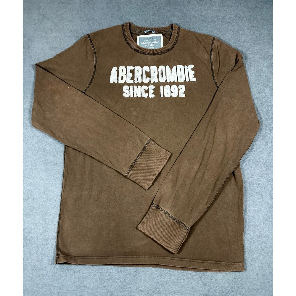 Abercrombie & Fitch Long Sleeve Shirt Men Large Brown Muscle Fit Distressed Logo